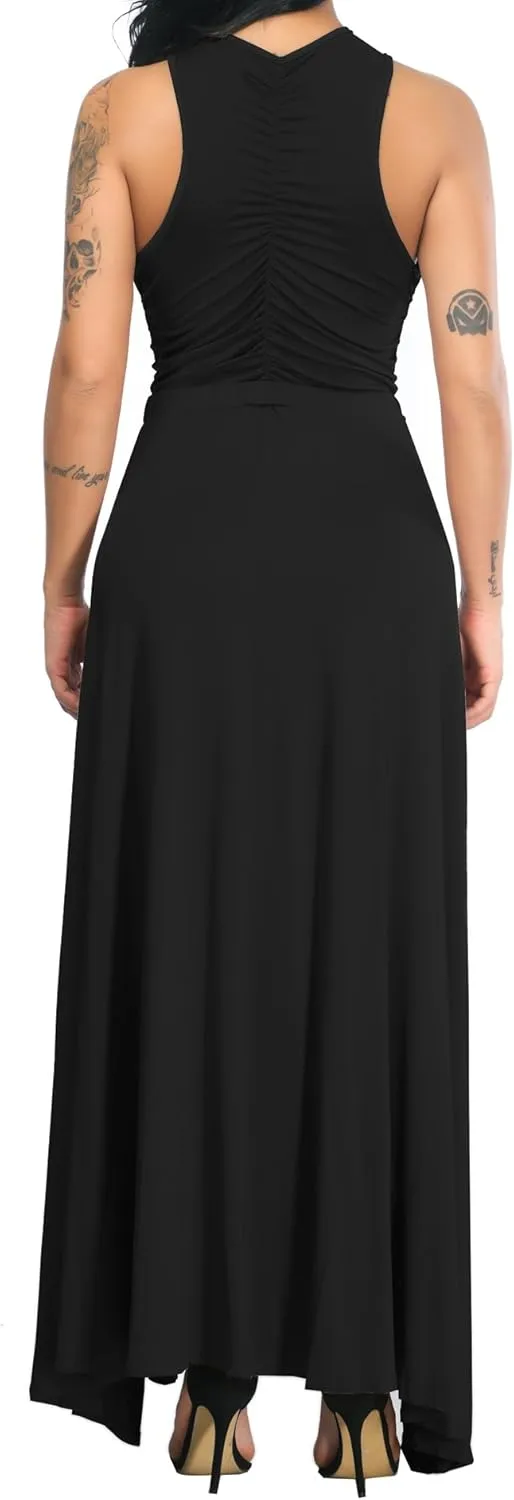 Velius Women Sexy Hollow Out Halter Wrap Sleeveless Plain Pleated Slit Casual Long Maxi Dress