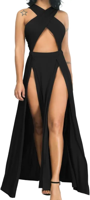Velius Women Sexy Hollow Out Halter Wrap Sleeveless Plain Pleated Slit Casual Long Maxi Dress