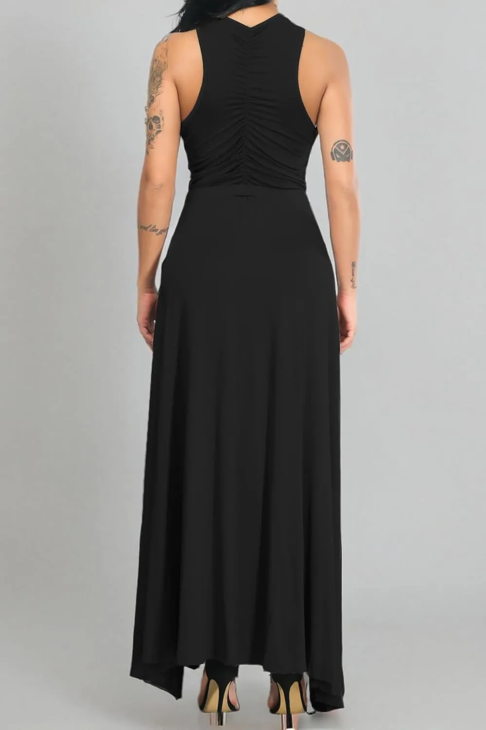 Velius Women Sexy Hollow Out Halter Wrap Sleeveless Plain Pleated Slit Casual Long Maxi Dress