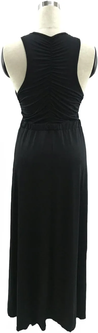 Velius Women Sexy Hollow Out Halter Wrap Sleeveless Plain Pleated Slit Casual Long Maxi Dress