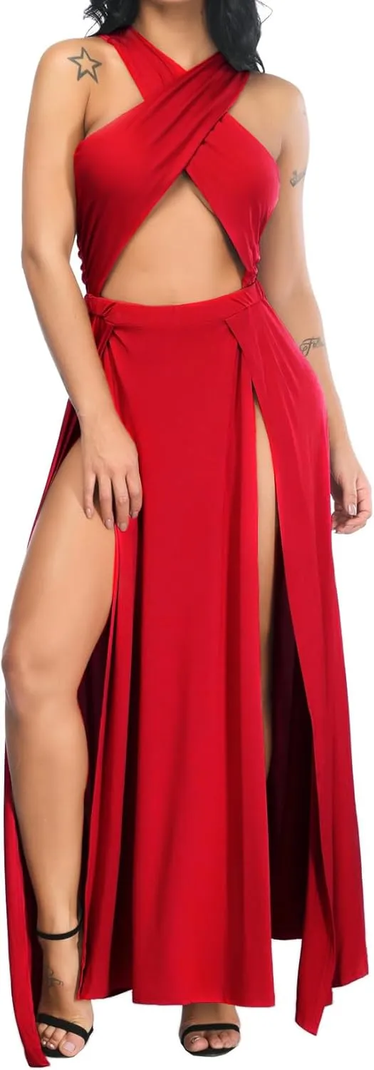 Velius Women Sexy Hollow Out Halter Wrap Sleeveless Plain Pleated Slit Casual Long Maxi Dress