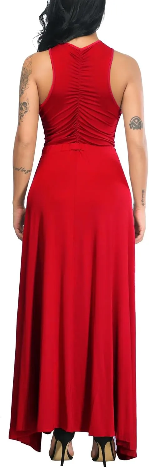 Velius Women Sexy Hollow Out Halter Wrap Sleeveless Plain Pleated Slit Casual Long Maxi Dress
