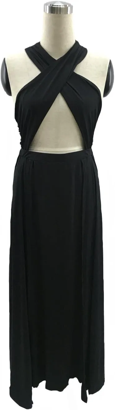 Velius Women Sexy Hollow Out Halter Wrap Sleeveless Plain Pleated Slit Casual Long Maxi Dress