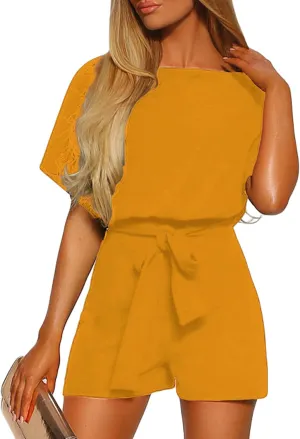 Vetinee Womens Summer Belted Romper Keyhole Back Short Sleeve Jumpsuit Playsuit