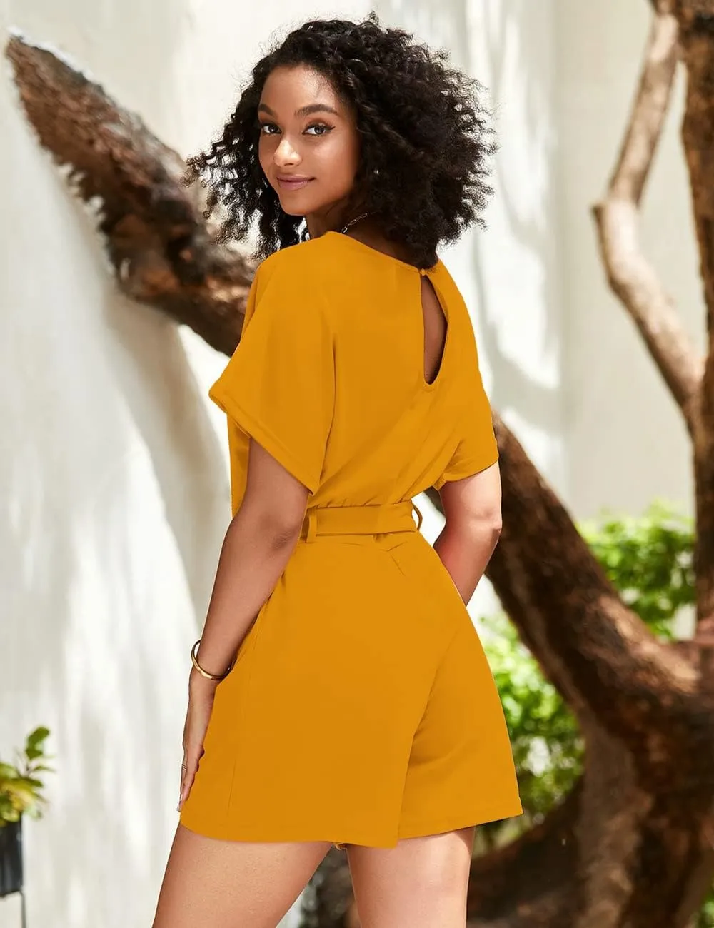 Vetinee Womens Summer Belted Romper Keyhole Back Short Sleeve Jumpsuit Playsuit