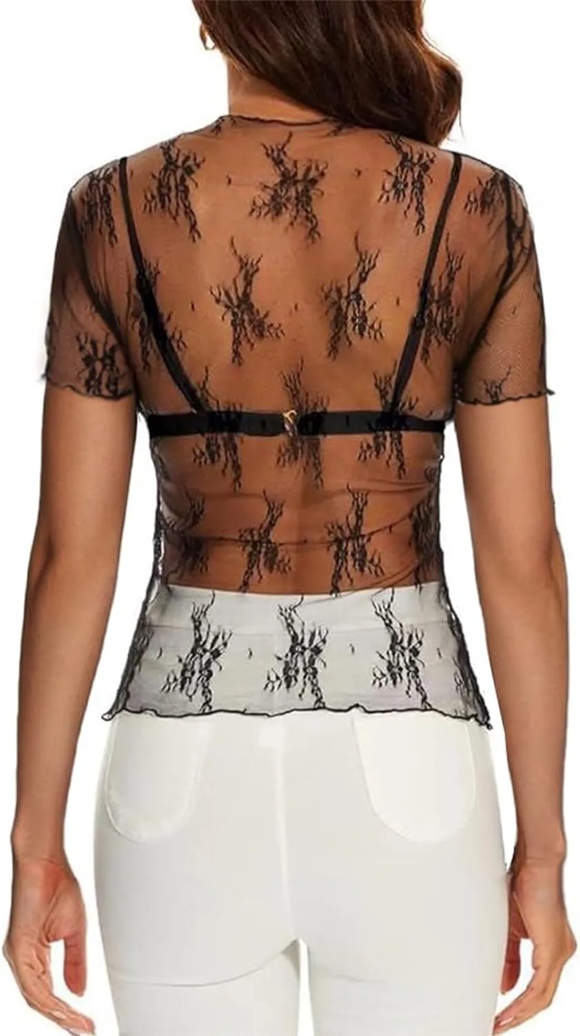 WIHOLL Womens Short Sleeve Mesh Tops Sexy Crew Neck Summer Loose FIt Party Clubwear Shirts