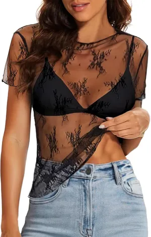 WIHOLL Womens Short Sleeve Mesh Tops Sexy Crew Neck Summer Loose FIt Party Clubwear Shirts