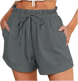 Women Fashion Paperbag Shorts Cotton Linen Elastic Waist Drawstring Comfy Shorts Summer Beach Short Pants with Pocket