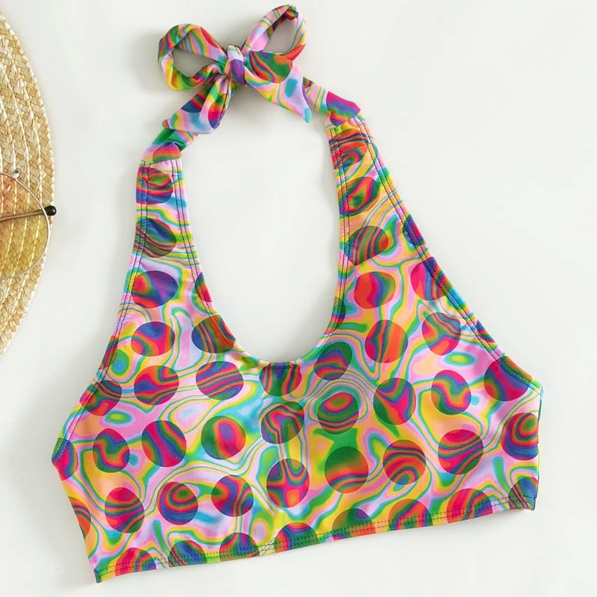 Women Rave Outfit Vintage Bikini Set Rainbow Bra Top with Bottom Summer Beach Holiday Swimwear Bathing Suits