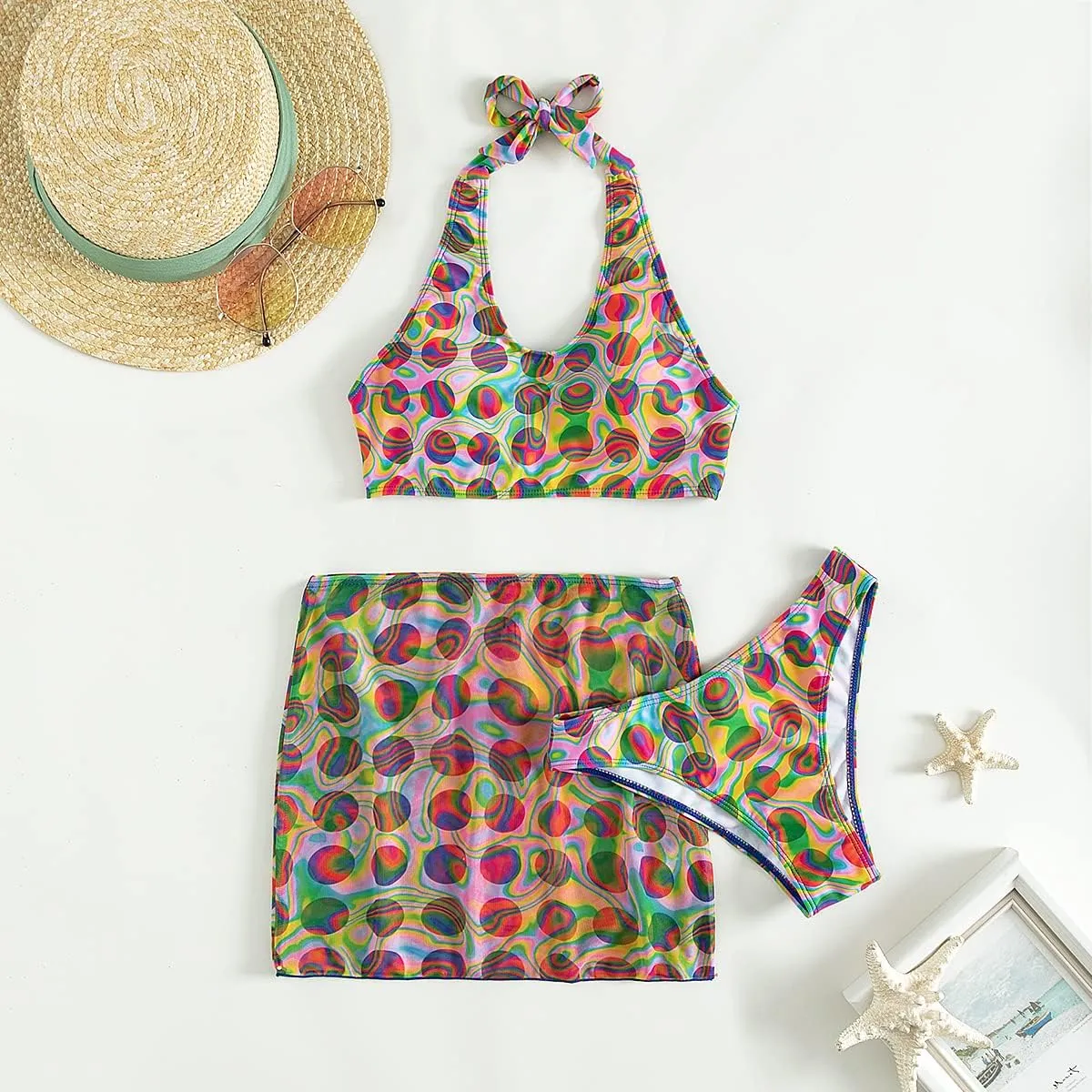Women Rave Outfit Vintage Bikini Set Rainbow Bra Top with Bottom Summer Beach Holiday Swimwear Bathing Suits