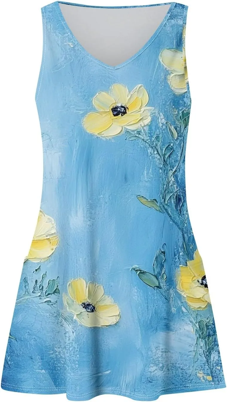 Women Summer Dresses Sleeveless Casual Dress with Pocket Vacation 2025 Swimsuit Coverup Beach Printed Sundress