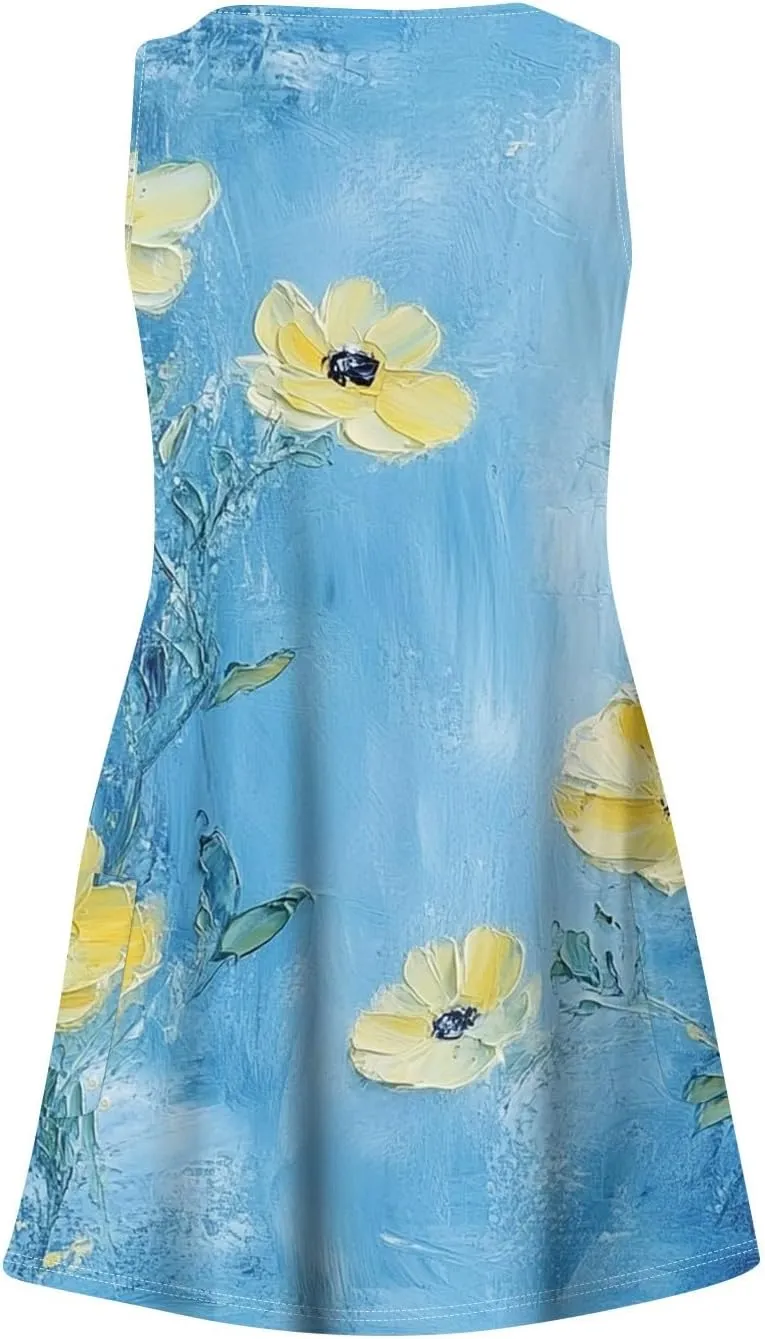 Women Summer Dresses Sleeveless Casual Dress with Pocket Vacation 2025 Swimsuit Coverup Beach Printed Sundress