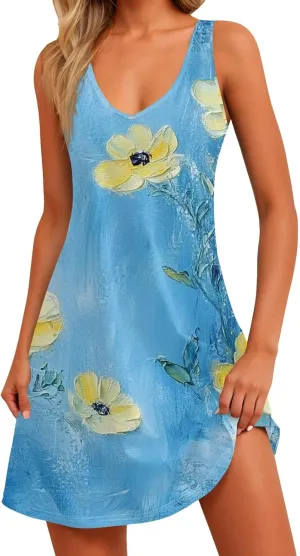 Women Summer Dresses Sleeveless Casual Dress with Pocket Vacation 2025 Swimsuit Coverup Beach Printed Sundress