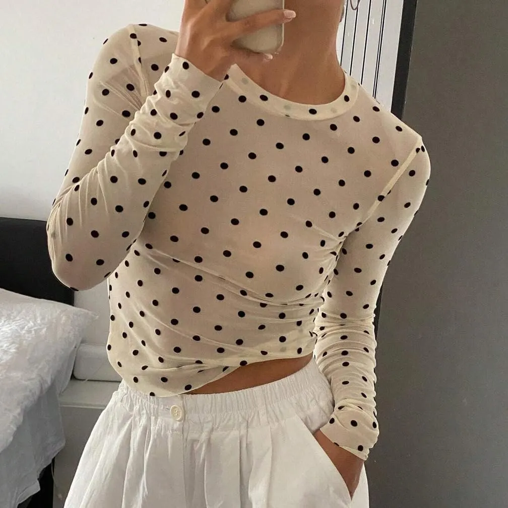 Women Trendy Crew Neck Polka Dot Sheer Mesh Blouse Sexy Slim Fit Long Sleeve See Through Crop Shirt Fall Clubwear