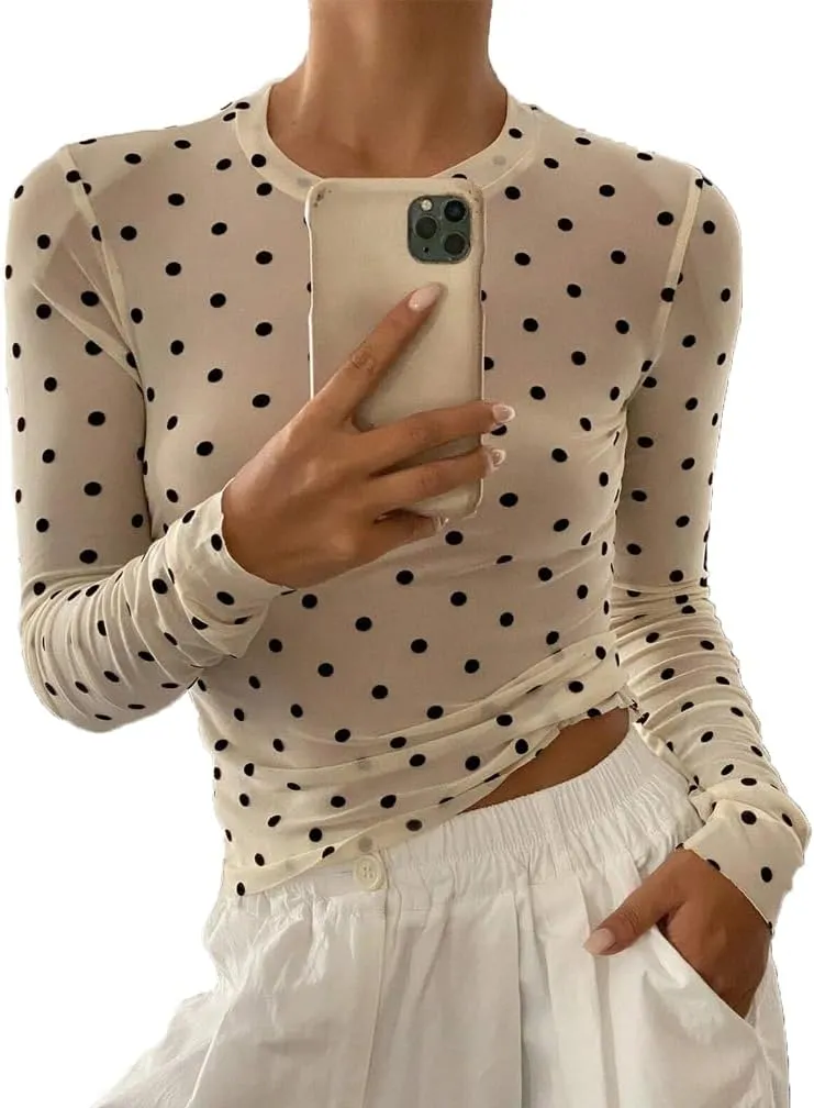 Women Trendy Crew Neck Polka Dot Sheer Mesh Blouse Sexy Slim Fit Long Sleeve See Through Crop Shirt Fall Clubwear