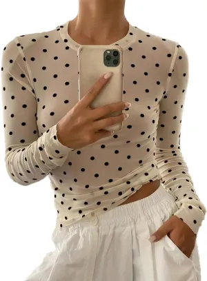 Women Trendy Crew Neck Polka Dot Sheer Mesh Blouse Sexy Slim Fit Long Sleeve See Through Crop Shirt Fall Clubwear
