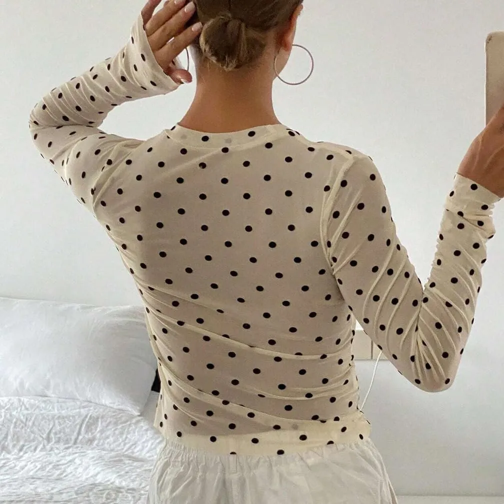 Women Trendy Crew Neck Polka Dot Sheer Mesh Blouse Sexy Slim Fit Long Sleeve See Through Crop Shirt Fall Clubwear