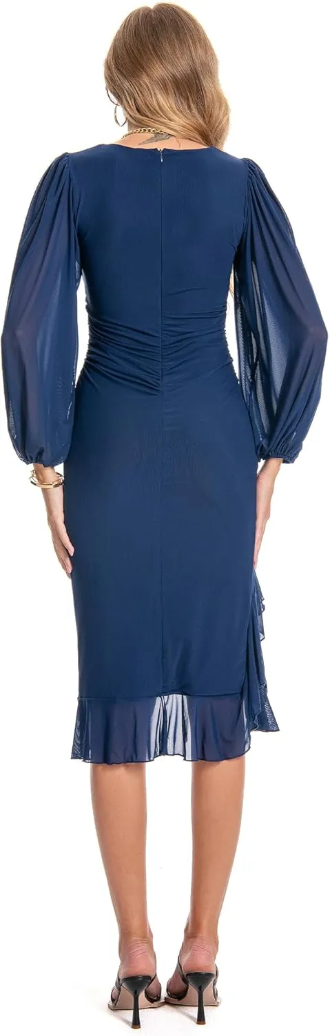 Women's Bodycon Midi Dress Fall Long Sleeve Ruched Ruffle Hem Mermaid Cocktail Wedding Guest Dresses