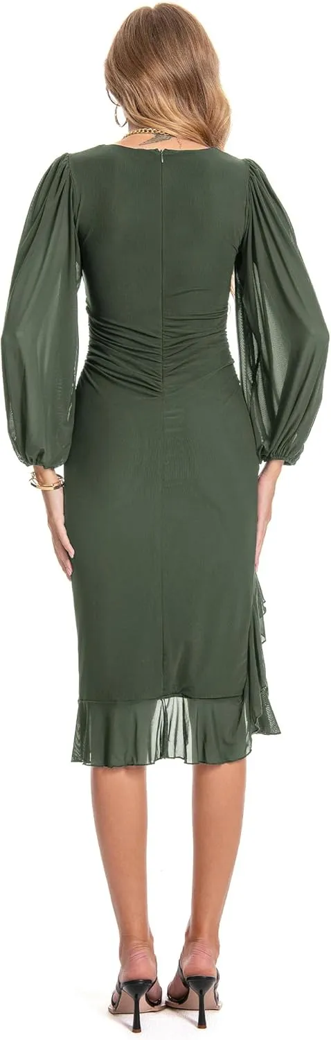 Women's Bodycon Midi Dress Fall Long Sleeve Ruched Ruffle Hem Mermaid Cocktail Wedding Guest Dresses