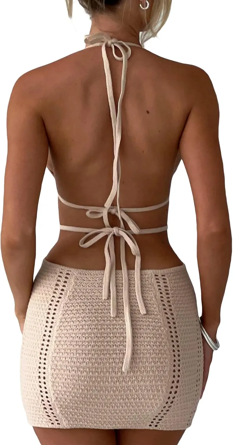 Women's Halter Bodycon Mini Dress Sleeveless Tie Backless Hollow Out Corset Knit Wrap Beach Dress Summer 2025