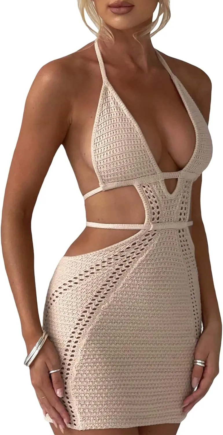 Women's Halter Bodycon Mini Dress Sleeveless Tie Backless Hollow Out Corset Knit Wrap Beach Dress Summer 2025