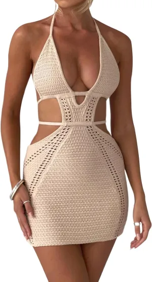 Women's Halter Bodycon Mini Dress Sleeveless Tie Backless Hollow Out Corset Knit Wrap Beach Dress Summer 2025
