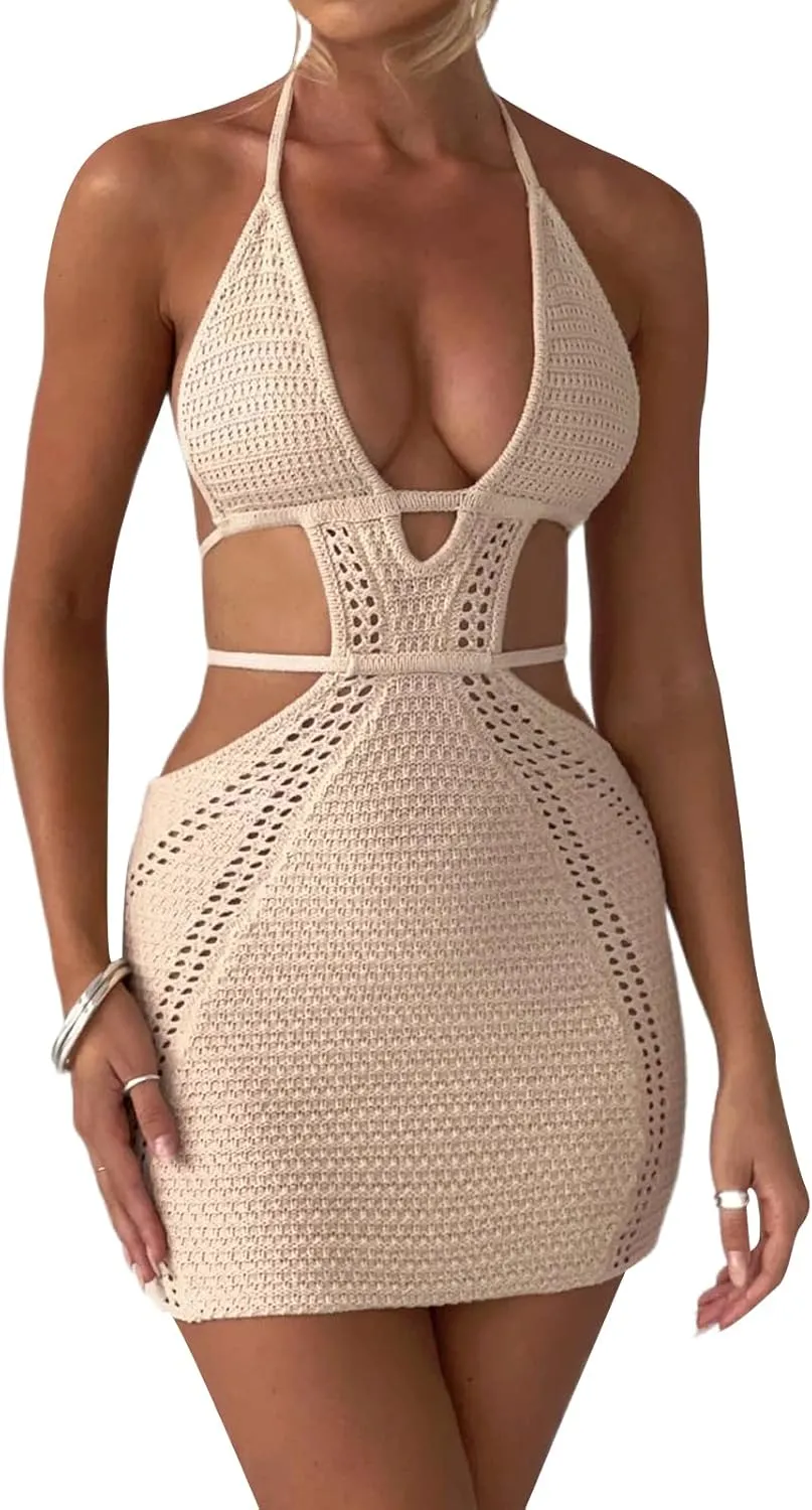 Women's Halter Bodycon Mini Dress Sleeveless Tie Backless Hollow Out Corset Knit Wrap Beach Dress Summer 2025