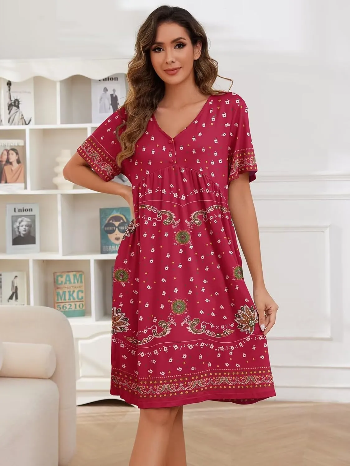 Womens House Dress Floral Print Nightgown with Pockets Mumu Dress S-3XL
