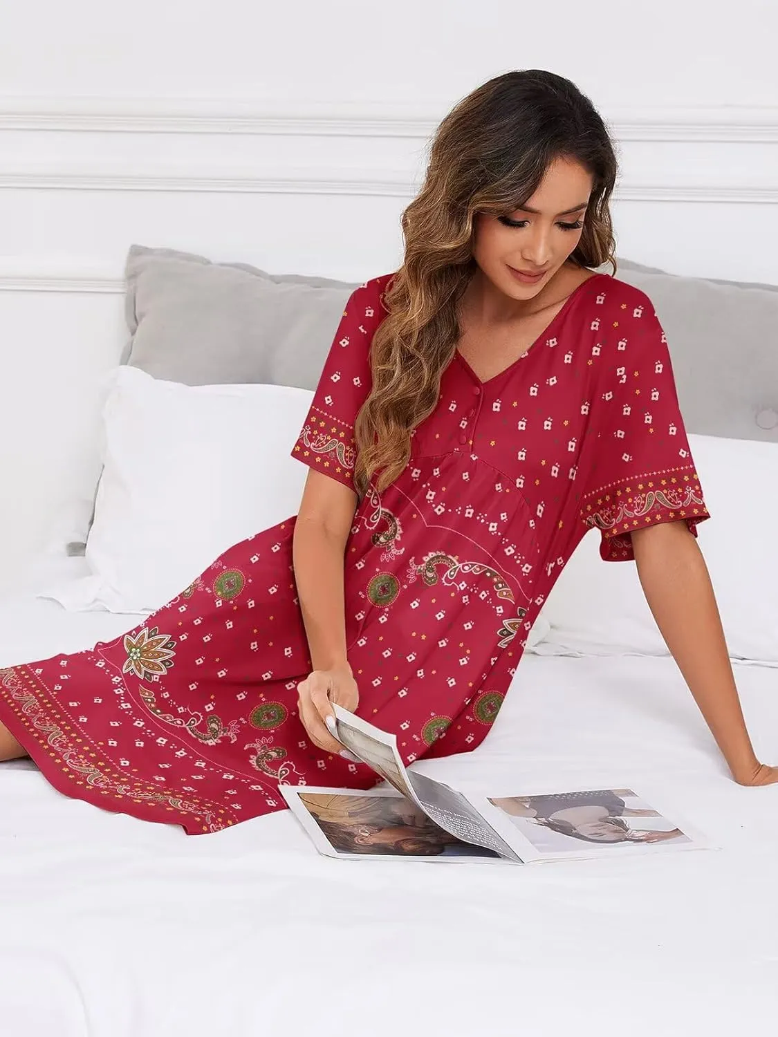Womens House Dress Floral Print Nightgown with Pockets Mumu Dress S-3XL