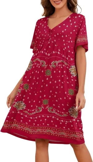 Womens House Dress Floral Print Nightgown with Pockets Mumu Dress S-3XL