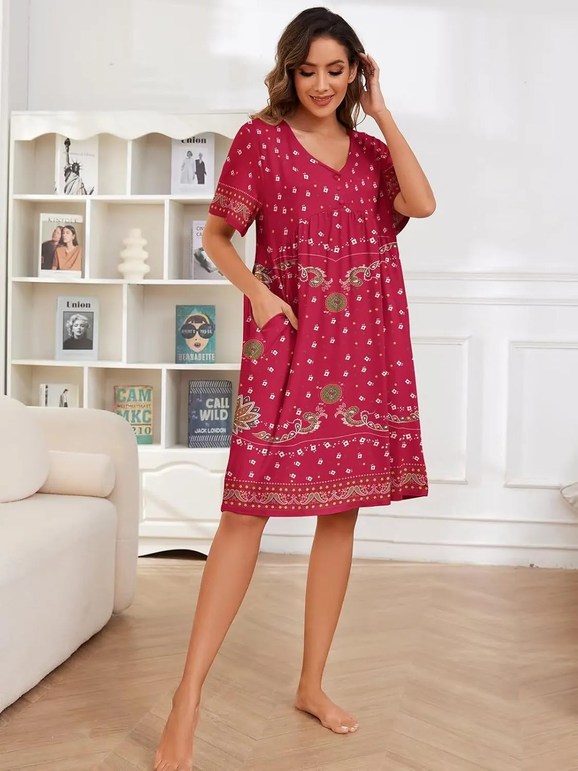 Womens House Dress Floral Print Nightgown with Pockets Mumu Dress S-3XL
