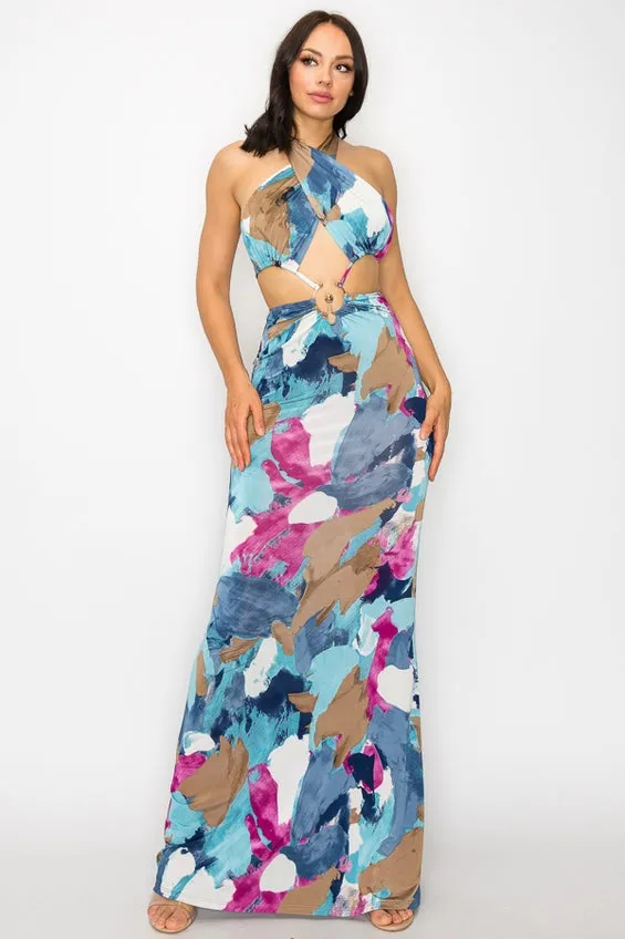 Women's Marble Cut Out Tie Backless Halter Dress