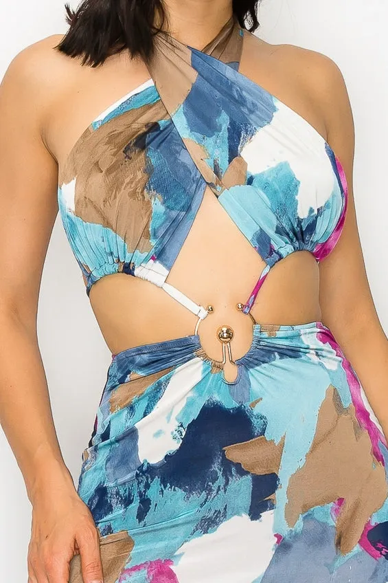 Women's Marble Cut Out Tie Backless Halter Dress