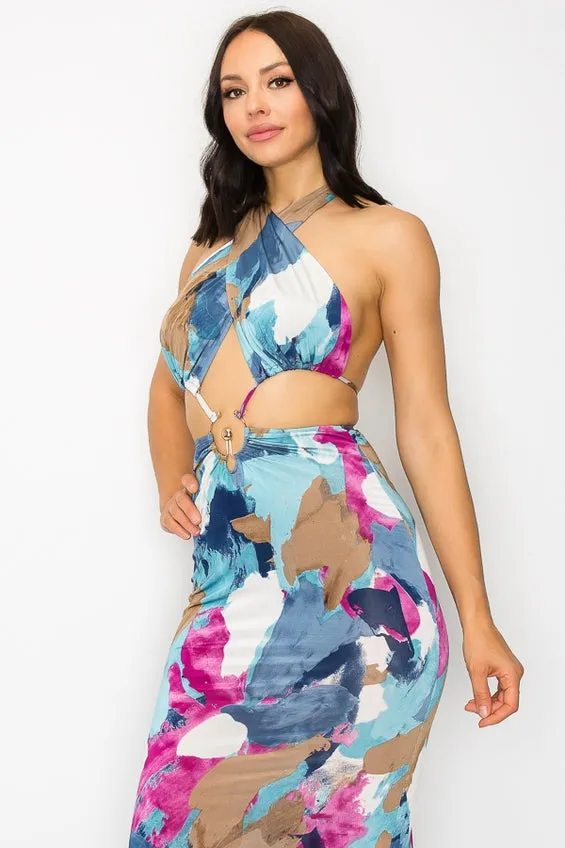 Women's Marble Cut Out Tie Backless Halter Dress