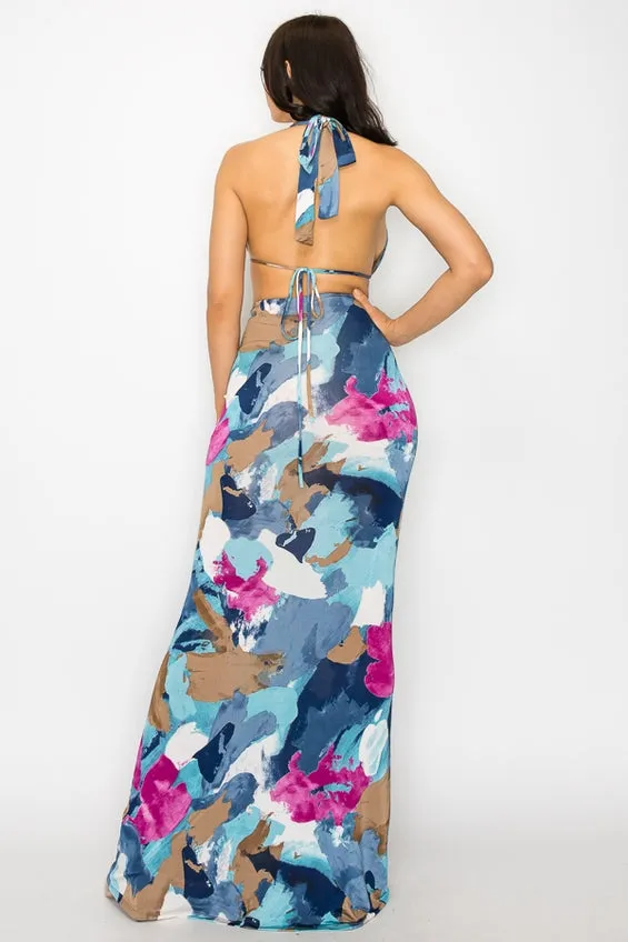 Women's Marble Cut Out Tie Backless Halter Dress