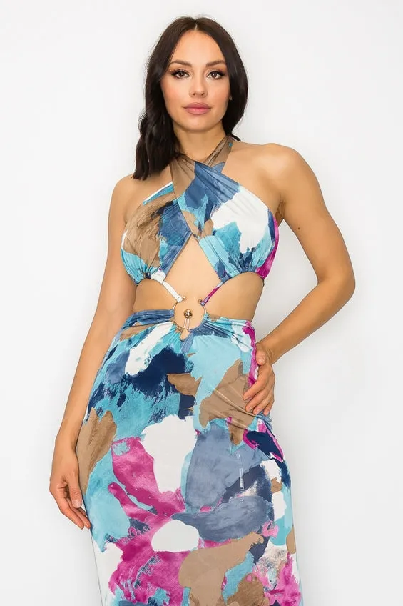 Women's Marble Cut Out Tie Backless Halter Dress