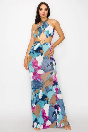 Women's Marble Cut Out Tie Backless Halter Dress