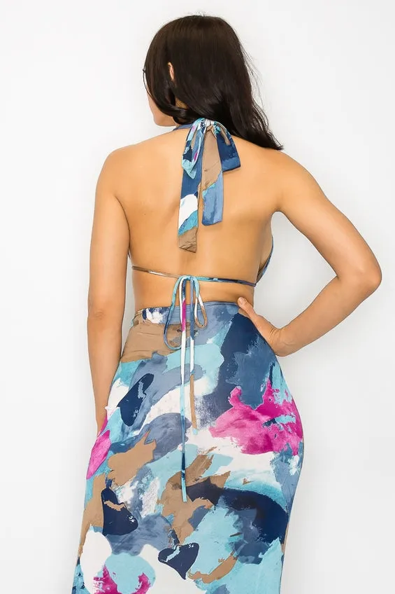 Women's Marble Cut Out Tie Backless Halter Dress