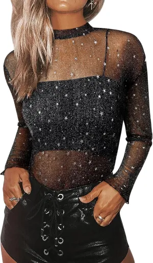 Womens Nashville Mesh Sheer Sparkly Top Glitter Star See Through Tops Tee Shirt Short Sleeve Concert Rave Outfits