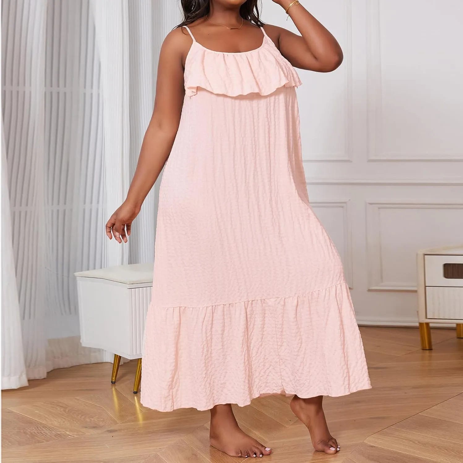 Women's Plus Size Slip Dress Solid Color Sleeveless Spaghetti Strap Backless Ruffled Long Pajamas Dress