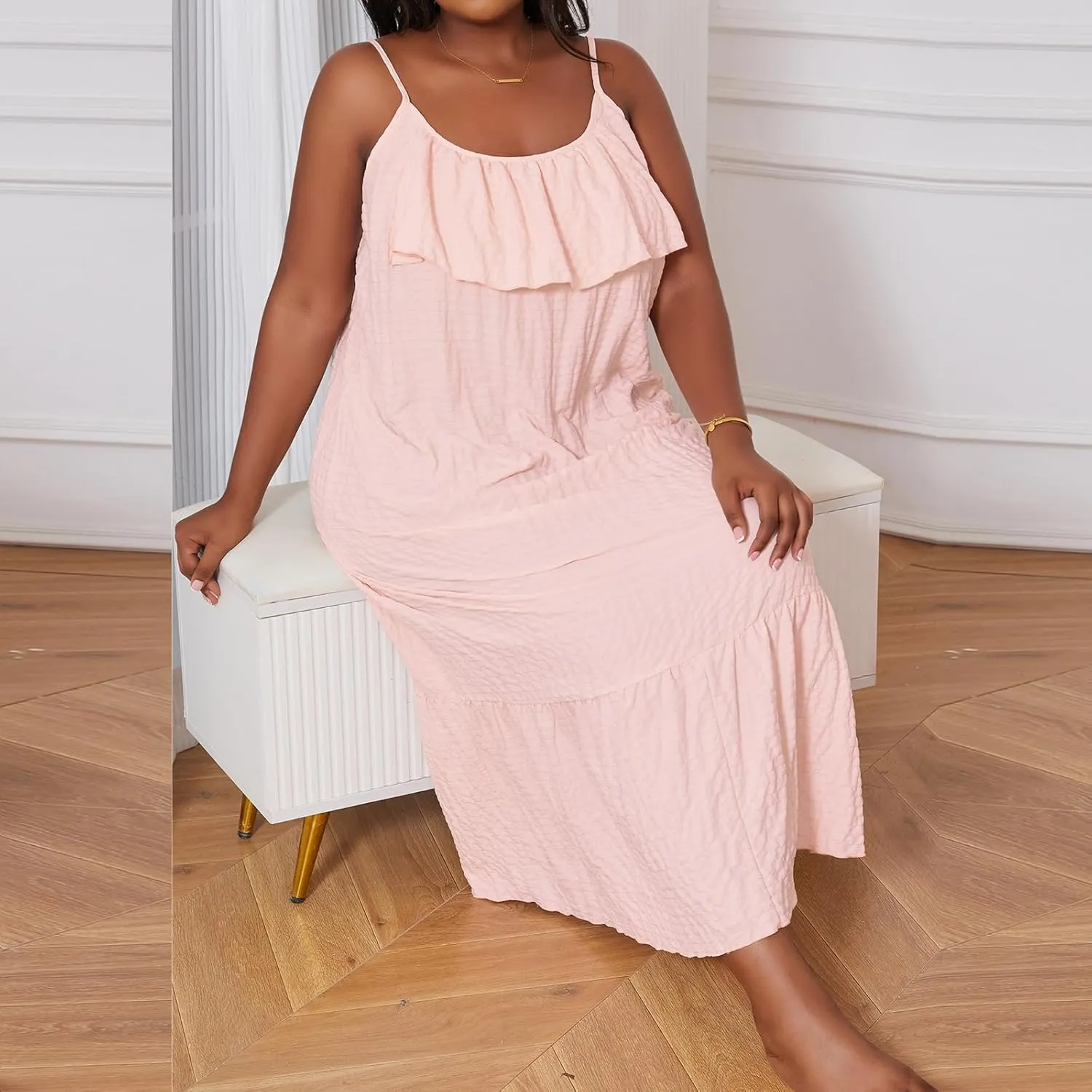Women's Plus Size Slip Dress Solid Color Sleeveless Spaghetti Strap Backless Ruffled Long Pajamas Dress