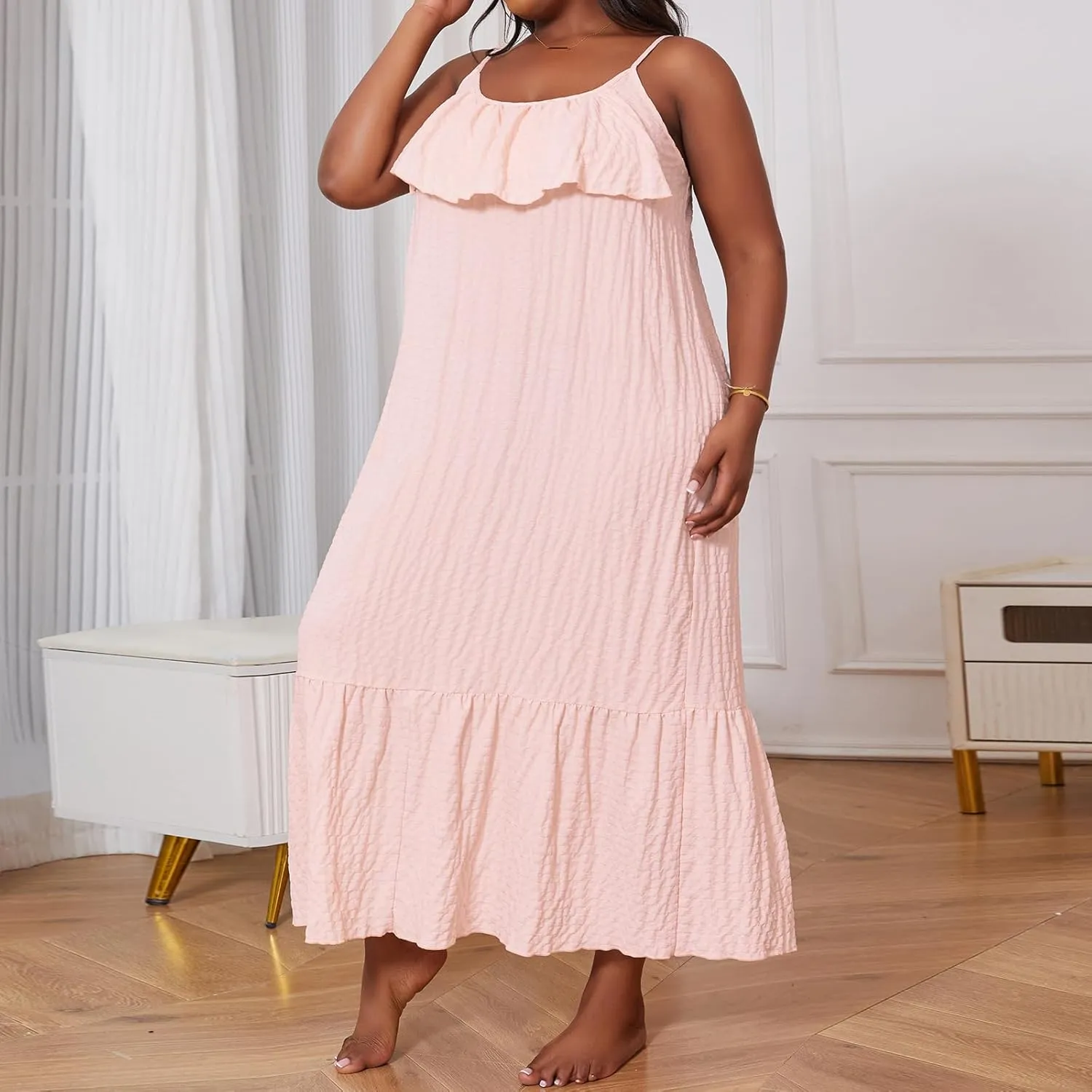 Women's Plus Size Slip Dress Solid Color Sleeveless Spaghetti Strap Backless Ruffled Long Pajamas Dress