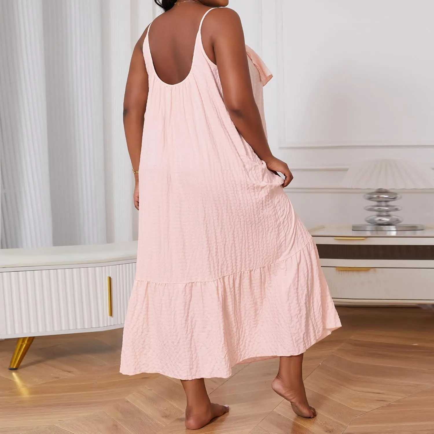 Women's Plus Size Slip Dress Solid Color Sleeveless Spaghetti Strap Backless Ruffled Long Pajamas Dress