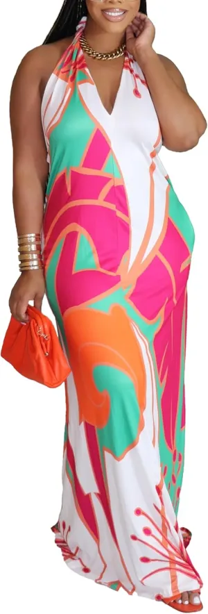 Womens Sexy Summer Dresses Halter Neck Plus Size Long Maxi Dress Casual Floral Beach Sun Dresses with Pockets