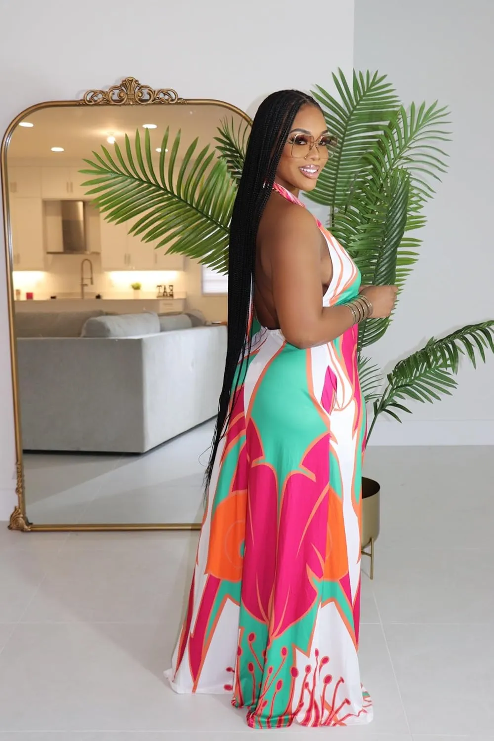 Womens Sexy Summer Dresses Halter Neck Plus Size Long Maxi Dress Casual Floral Beach Sun Dresses with Pockets