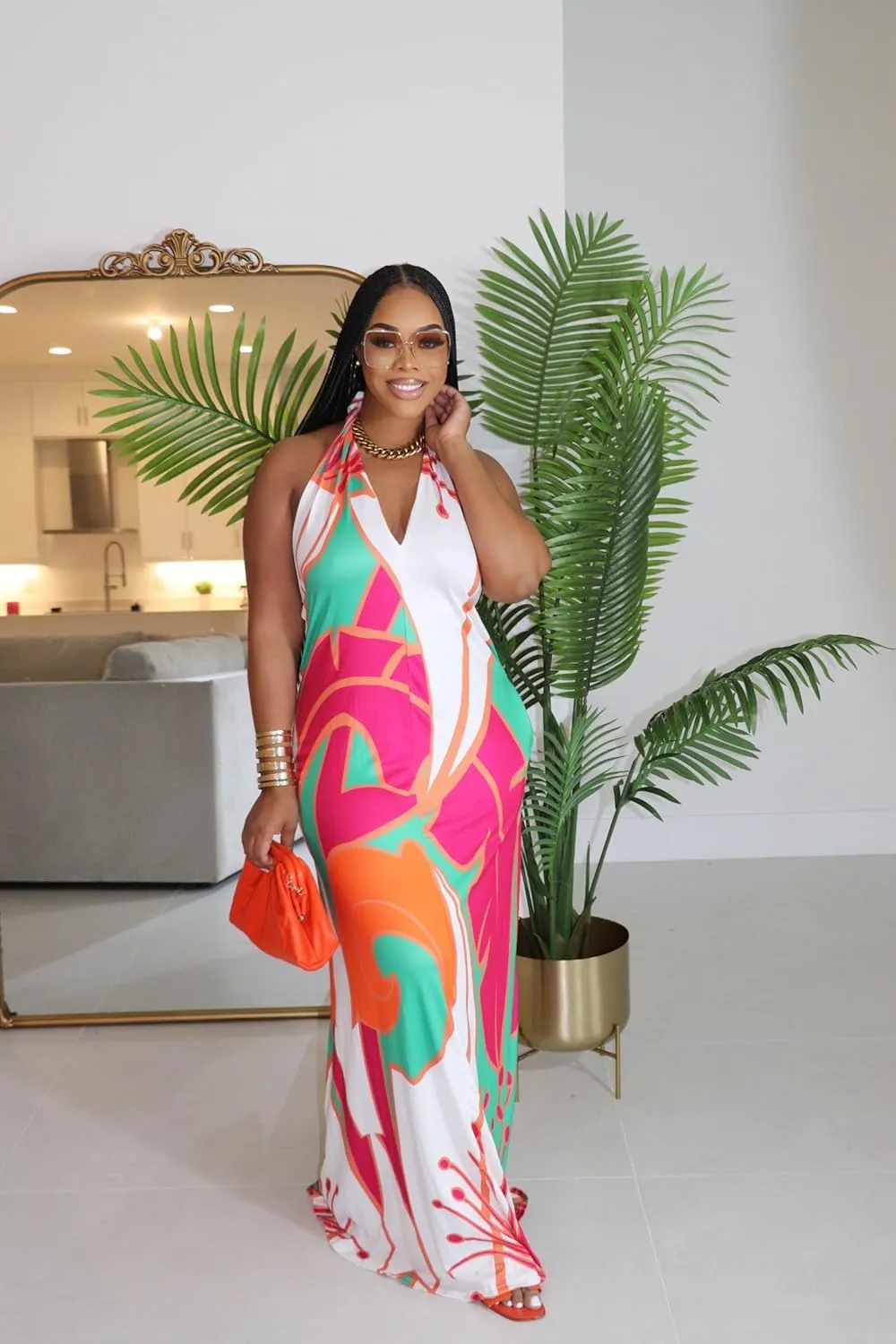 Womens Sexy Summer Dresses Halter Neck Plus Size Long Maxi Dress Casual Floral Beach Sun Dresses with Pockets