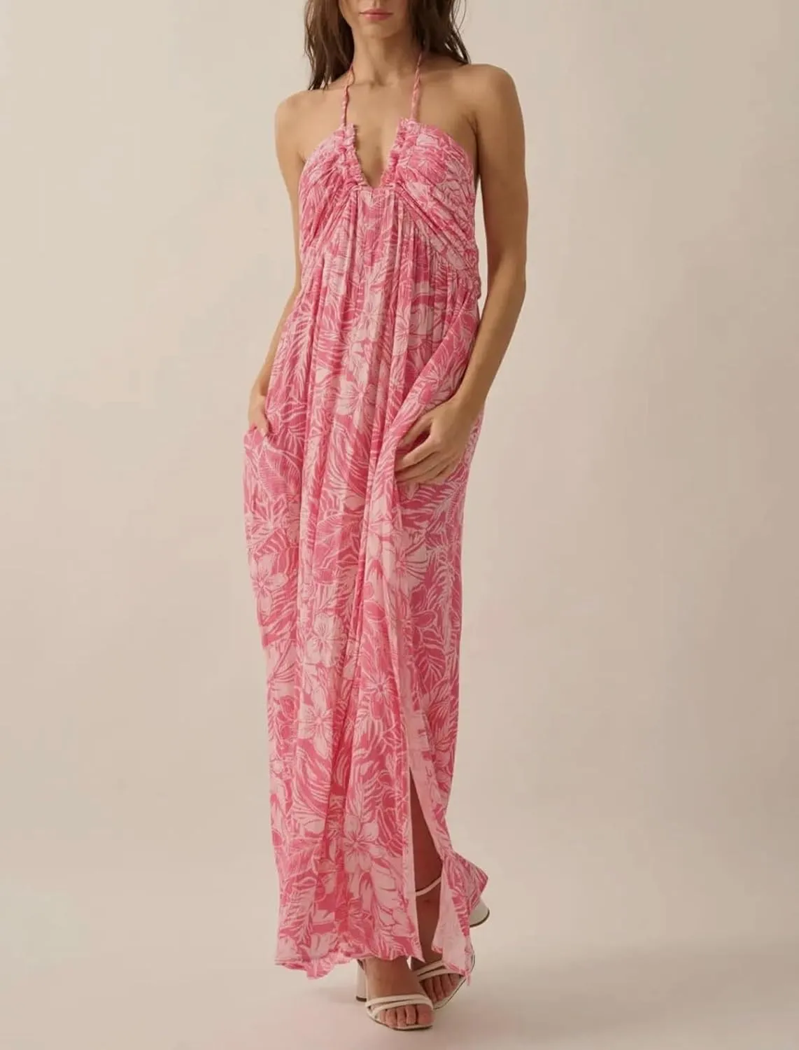 Women's Summer Boho Halter Neck Floral Maxi Sundress Sexy Sleeveless Tie Backless Low Cut Long Flowy Ruffle Dress