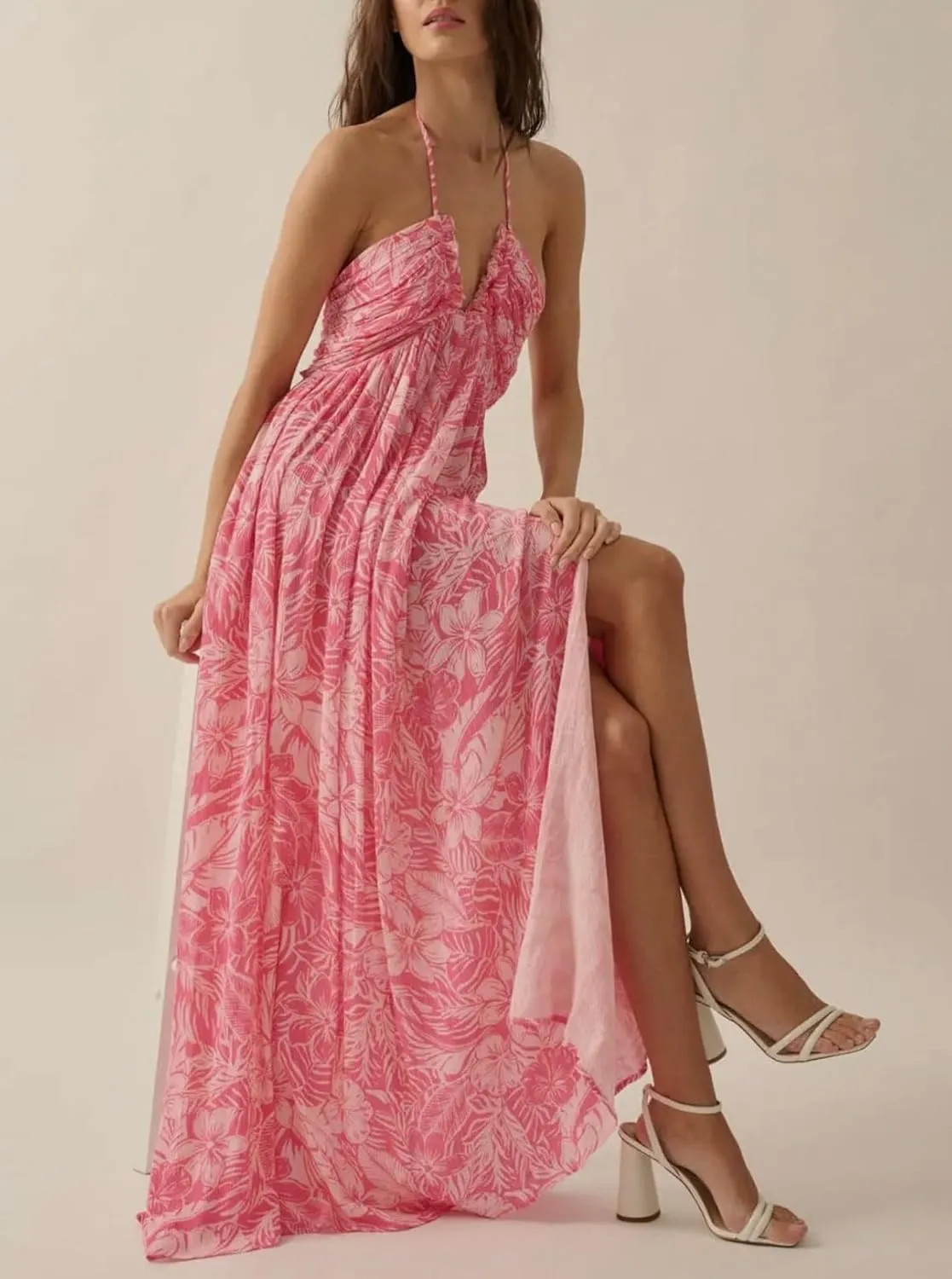 Women's Summer Boho Halter Neck Floral Maxi Sundress Sexy Sleeveless Tie Backless Low Cut Long Flowy Ruffle Dress