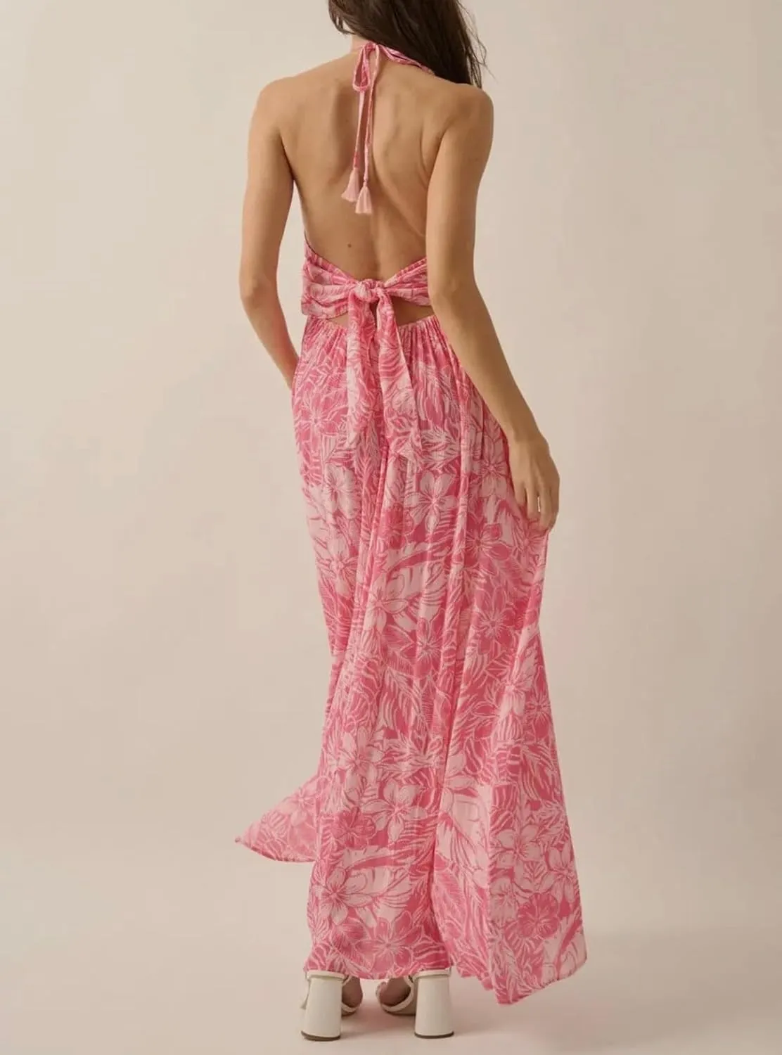 Women's Summer Boho Halter Neck Floral Maxi Sundress Sexy Sleeveless Tie Backless Low Cut Long Flowy Ruffle Dress