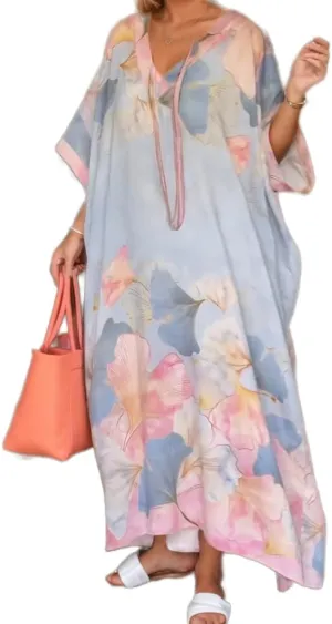 Women's Summer Colorful Floral V Neck Maxi Dress Casual Plus Size Bohemian Beach Vacation Kaftan Dress